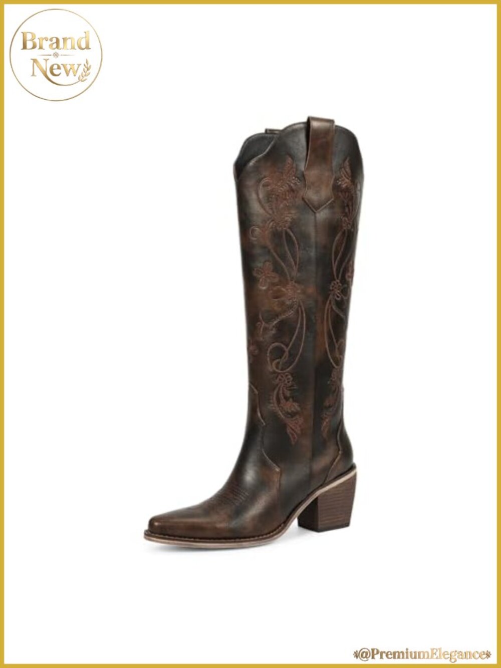 wetkiss Cowboy Boots Womens Knee High Faux Leather Embroidered Pointed Toe